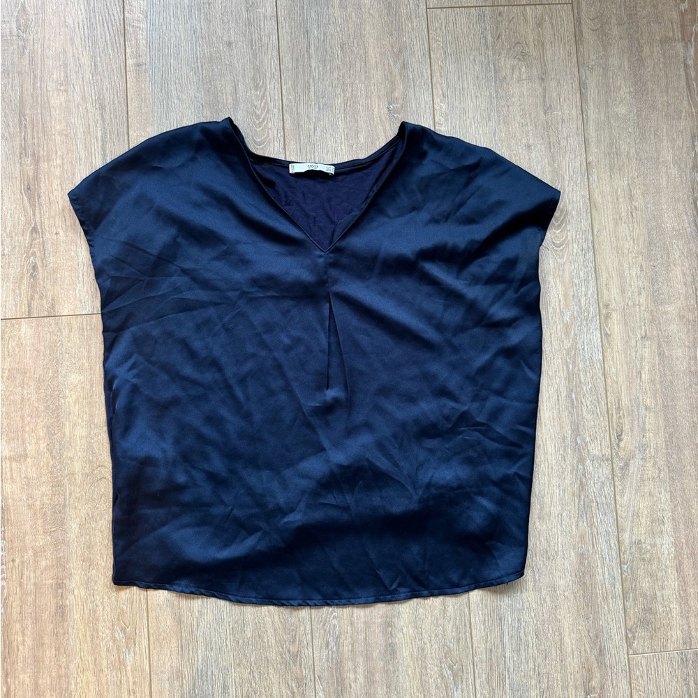 Navy Blue V-Neck Satin Blouse